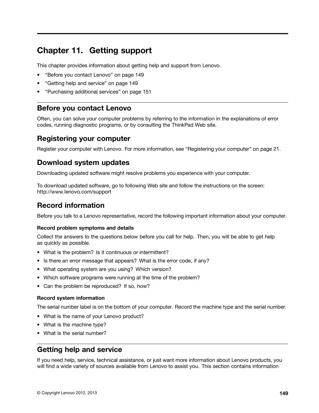 Lenovo L430, L530, 24684XU manual Getting support, Before you contact Lenovo, Download system updates, Record information 