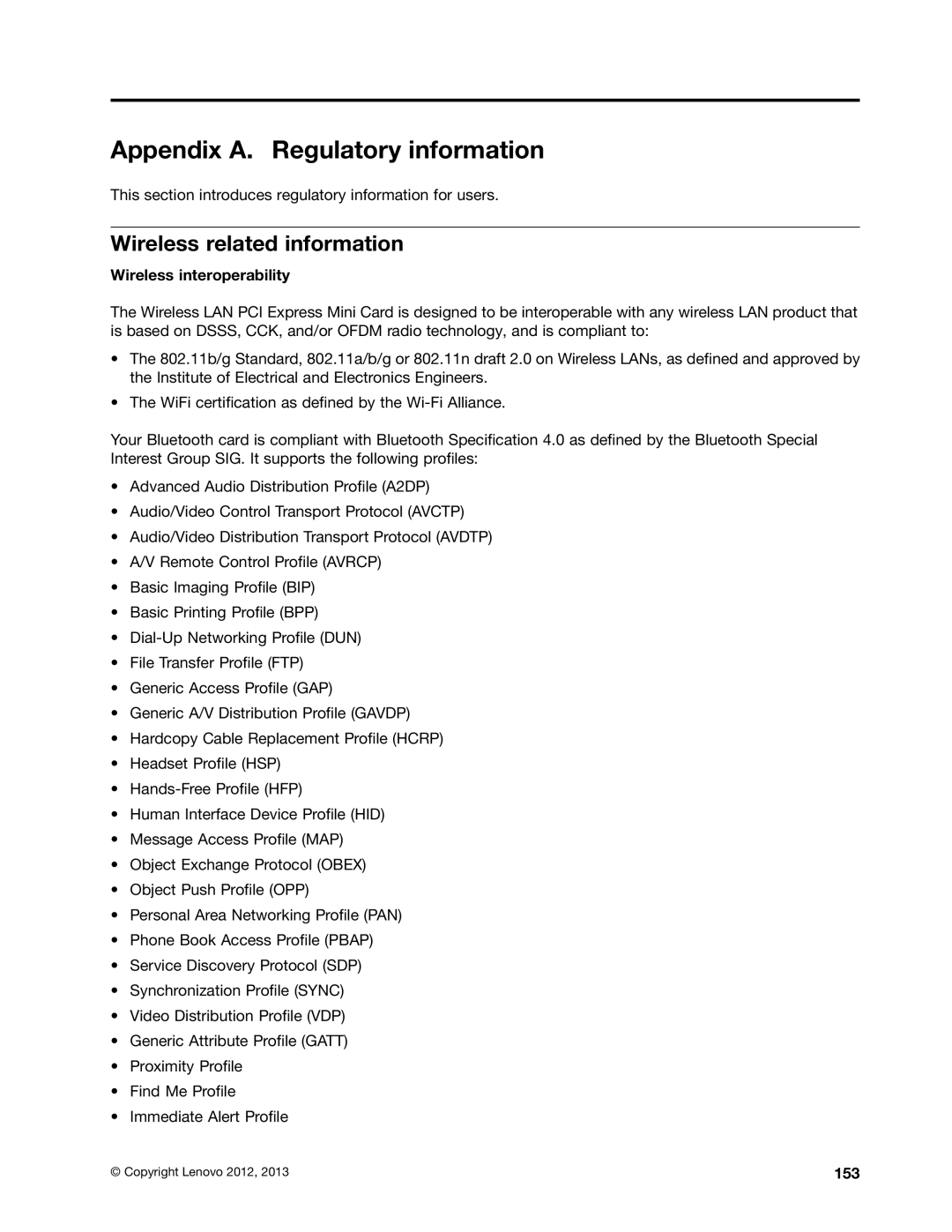 Lenovo L530, L430, 24684XU Appendix A. Regulatory information, Wireless related information, Wireless interoperability, 153 