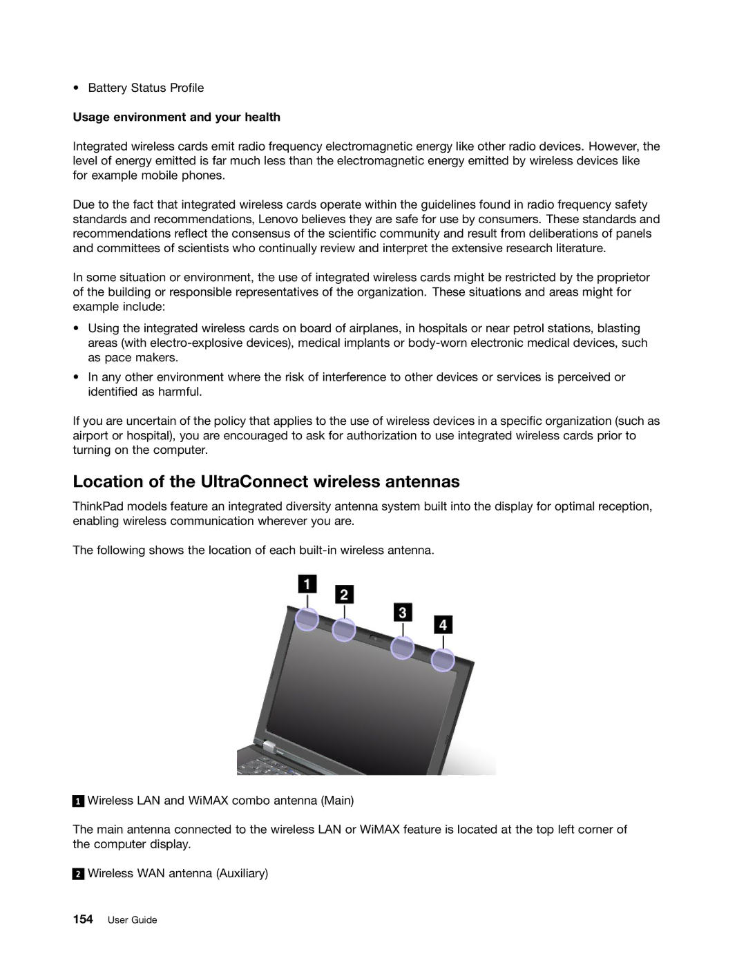 Lenovo 24684XU, L430, L530 manual Location of the UltraConnect wireless antennas, Usage environment and your health 