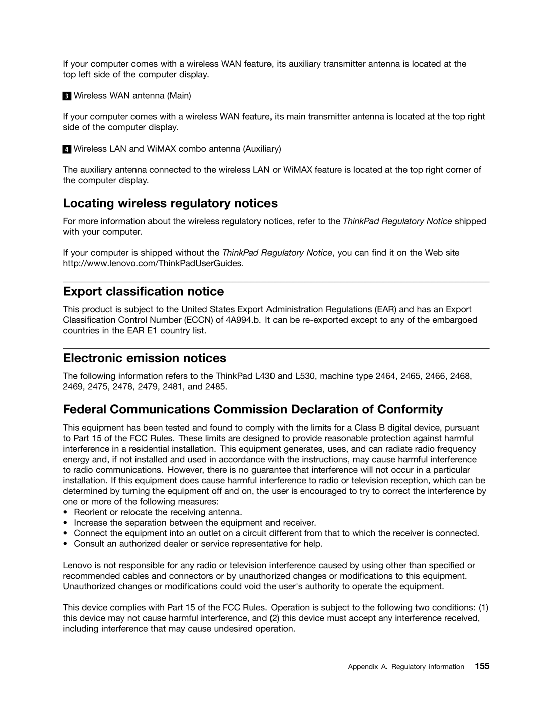 Lenovo L430, L530, 24684XU Locating wireless regulatory notices, Export classification notice, Electronic emission notices 