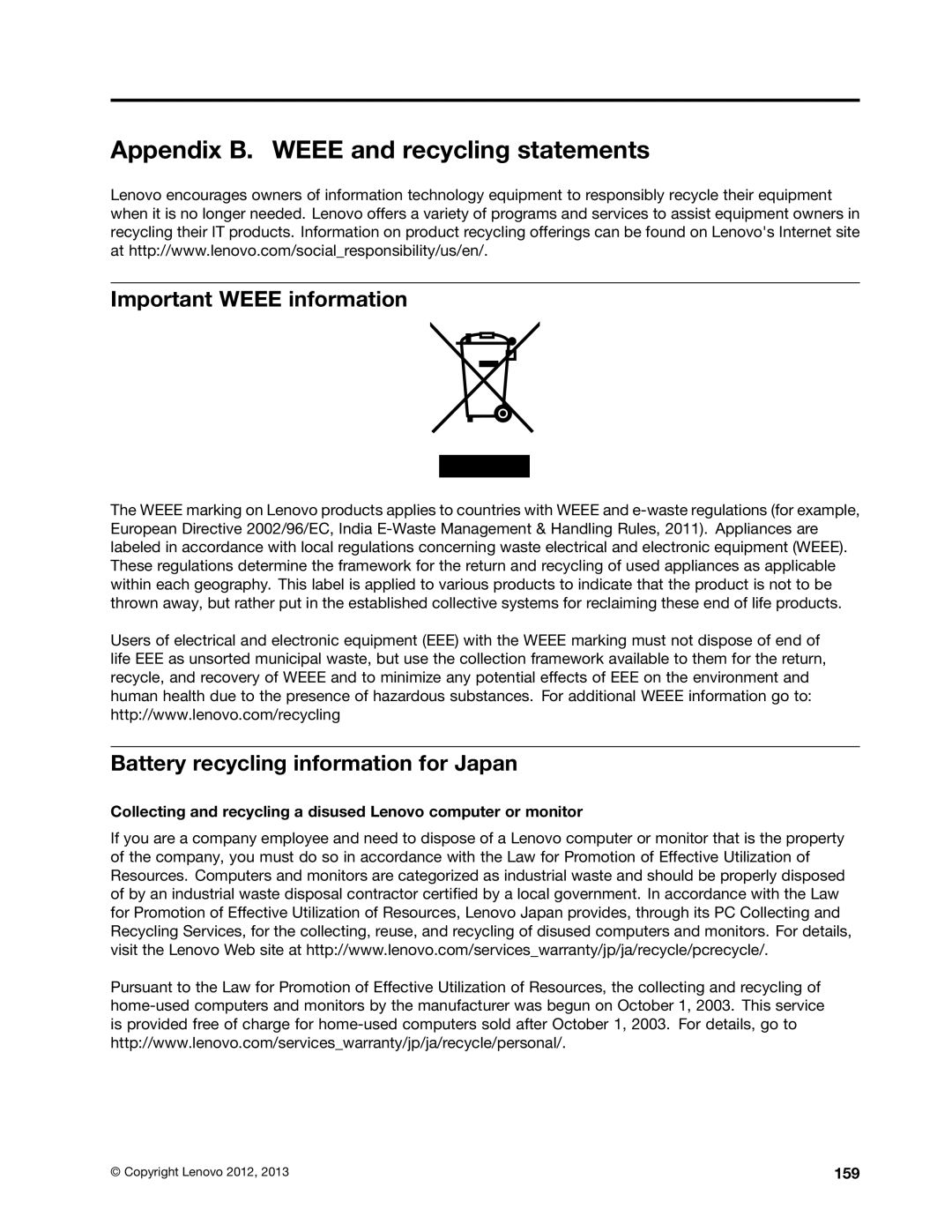 Lenovo L530 Appendix B. Weee and recycling statements, Important Weee information, Battery recycling information for Japan 