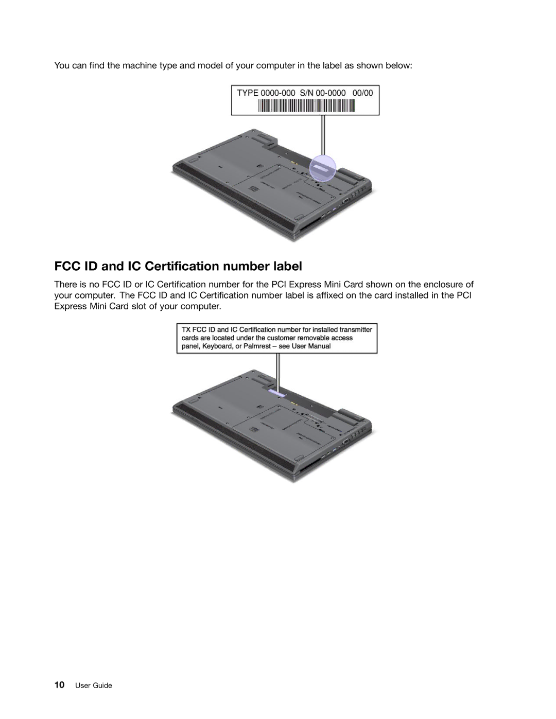 Lenovo 24684XU, L430, L530 manual FCC ID and IC Certification number label 