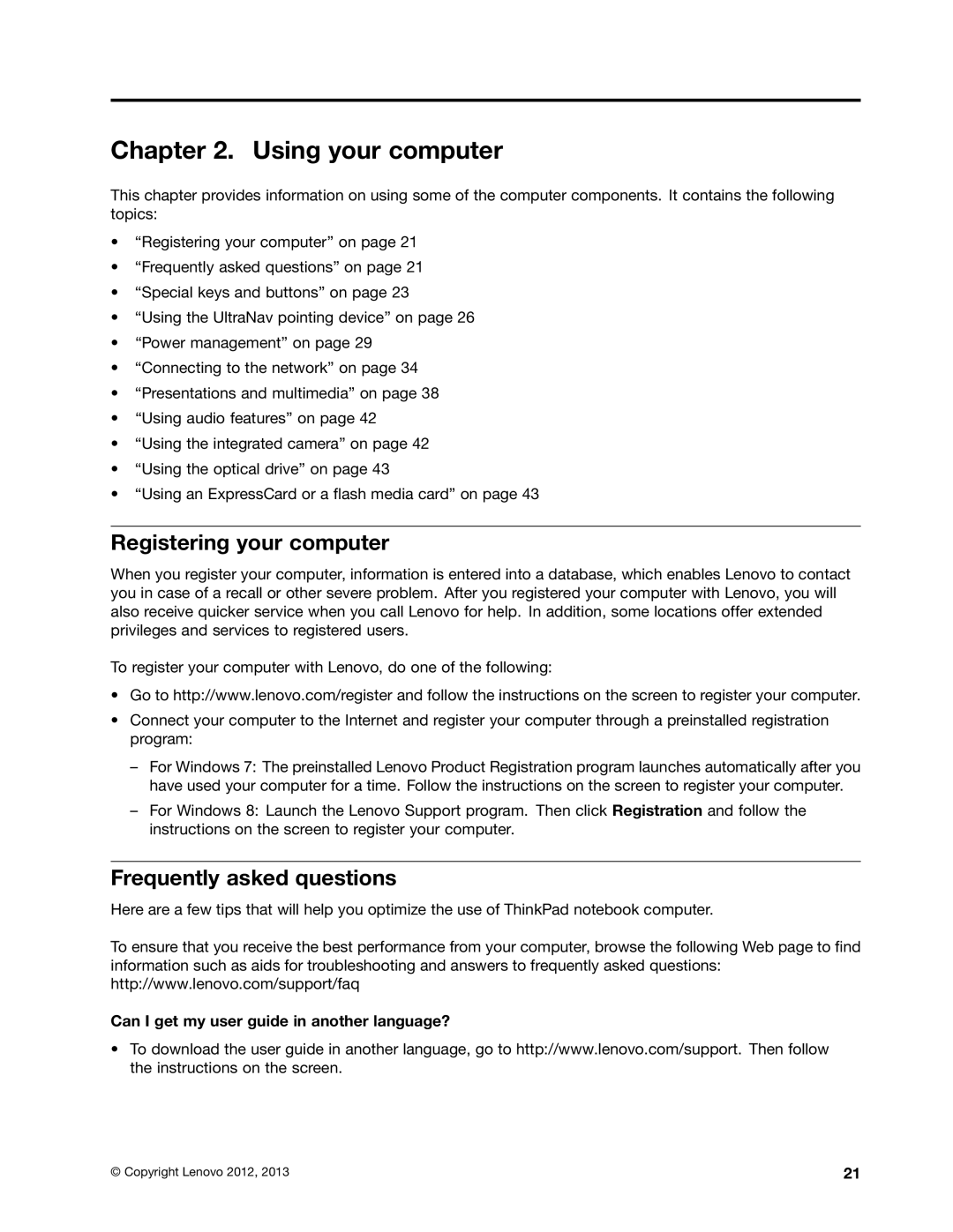 Lenovo L530, L430, 24684XU manual Using your computer, Registering your computer, Frequently asked questions 