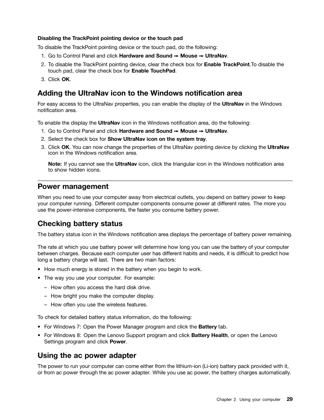 Lenovo L430, L530 Adding the UltraNav icon to the Windows notification area, Power management, Checking battery status 