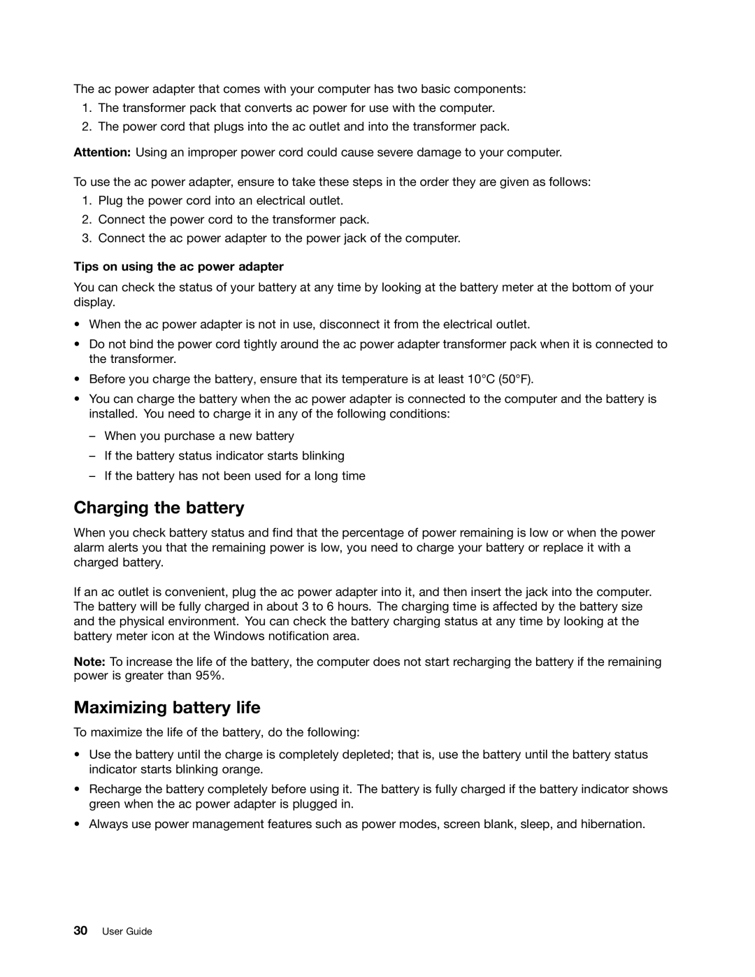 Lenovo L530, L430, 24684XU manual Charging the battery, Maximizing battery life, Tips on using the ac power adapter 