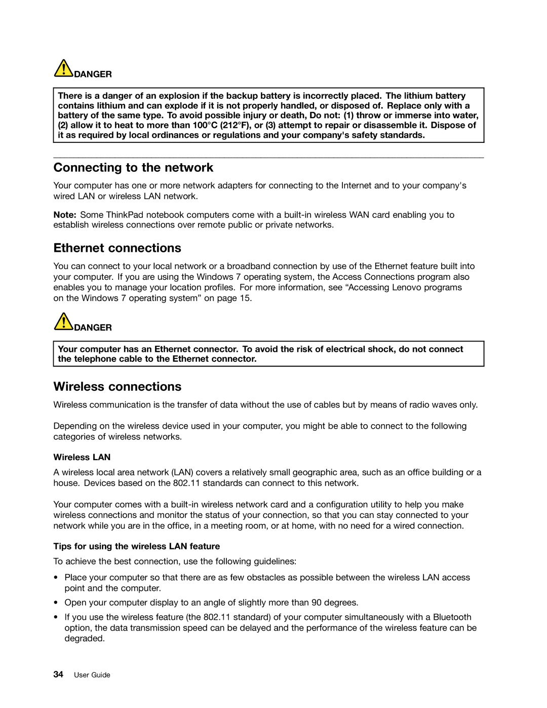 Lenovo 24684XU, L430, L530 manual Connecting to the network, Ethernet connections, Wireless connections, Wireless LAN 