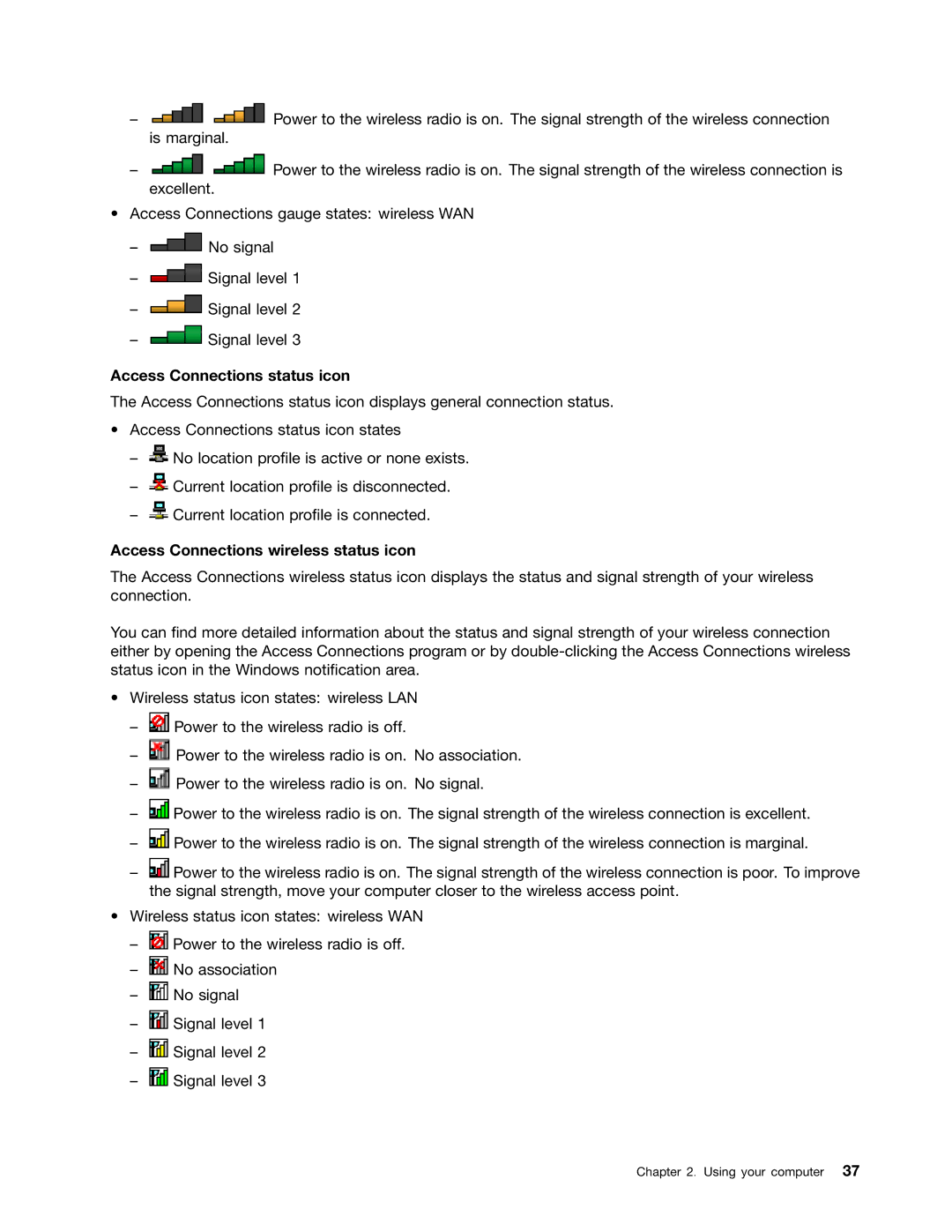 Lenovo 24684XU, L430, L530 manual Access Connections status icon, Access Connections wireless status icon 