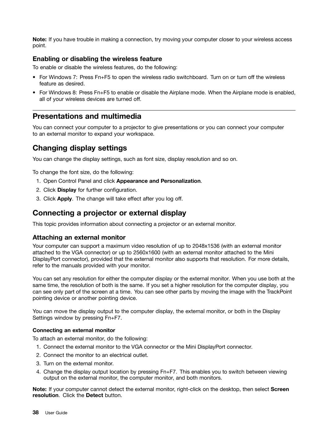 Lenovo L430, L530 manual Presentations and multimedia, Changing display settings, Connecting a projector or external display 