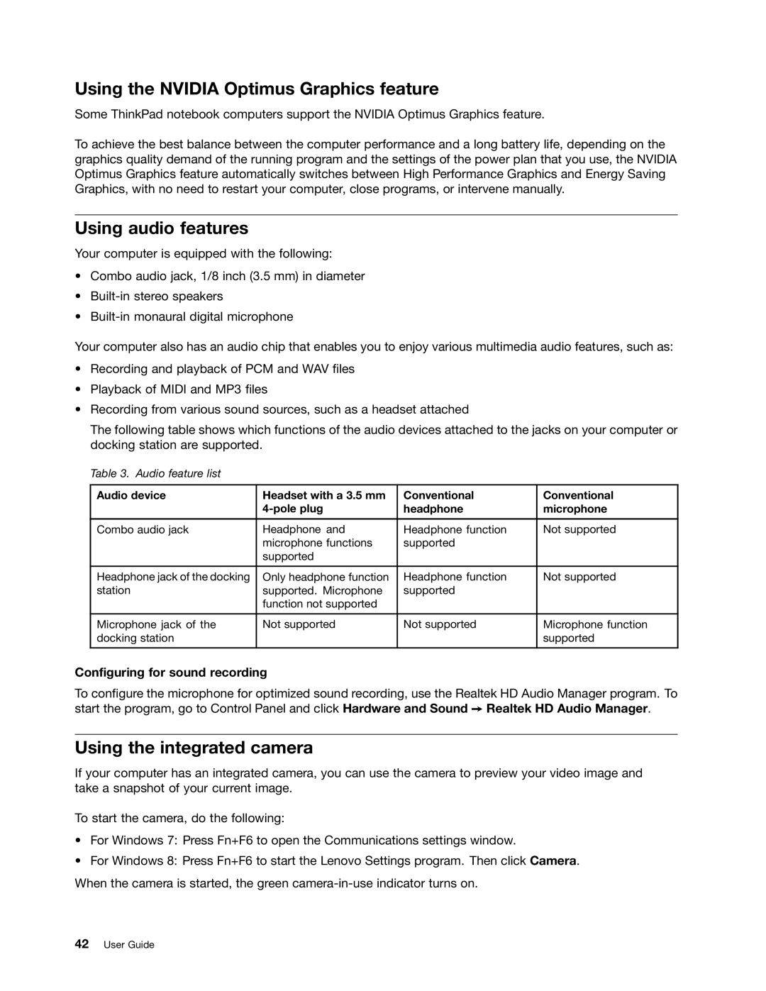 Lenovo L530, L430, 24684XU Using the Nvidia Optimus Graphics feature, Using audio features, Using the integrated camera 