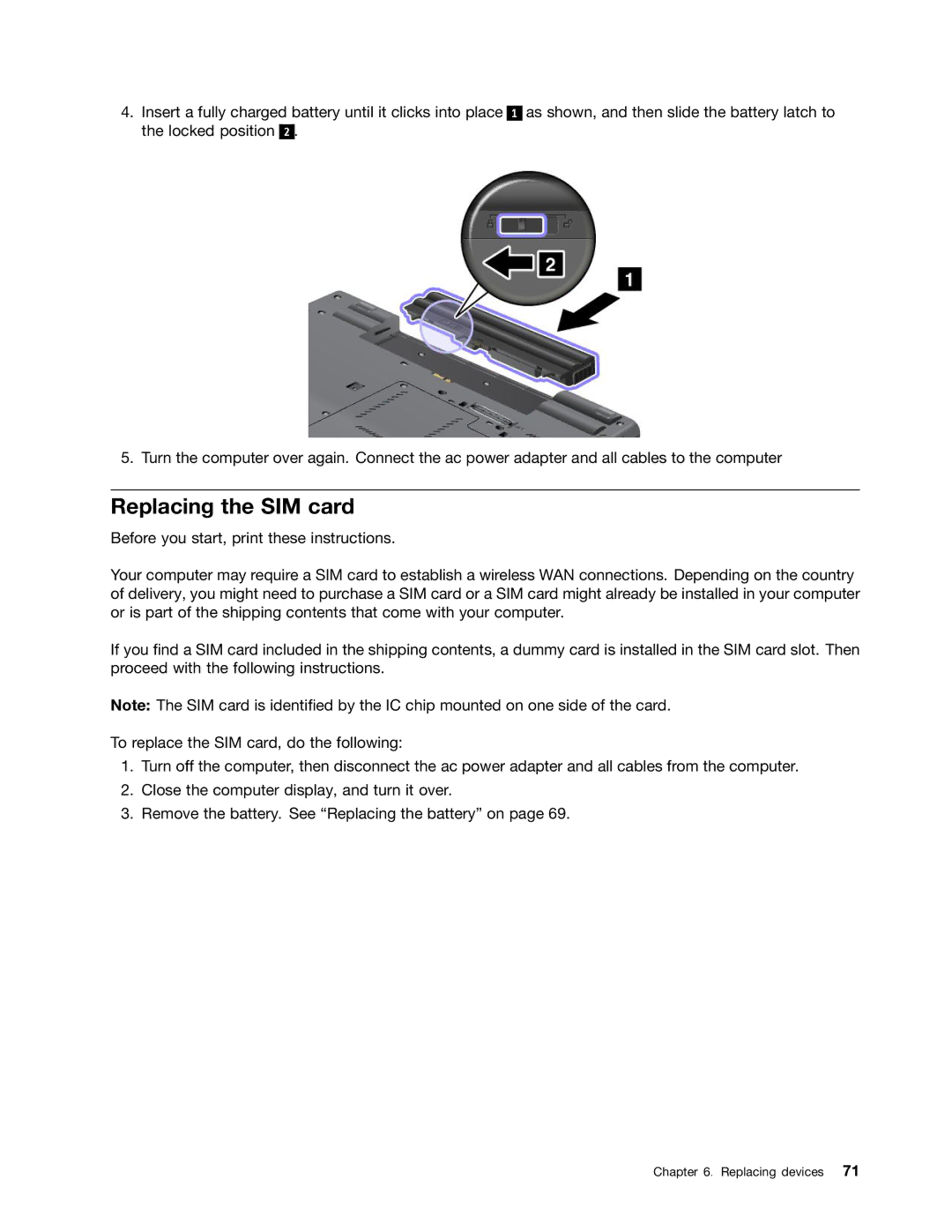 Lenovo L430, L530, 24684XU manual Replacing the SIM card 