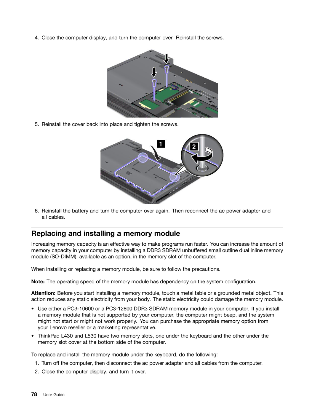 Lenovo L530, L430, 24684XU manual Replacing and installing a memory module 