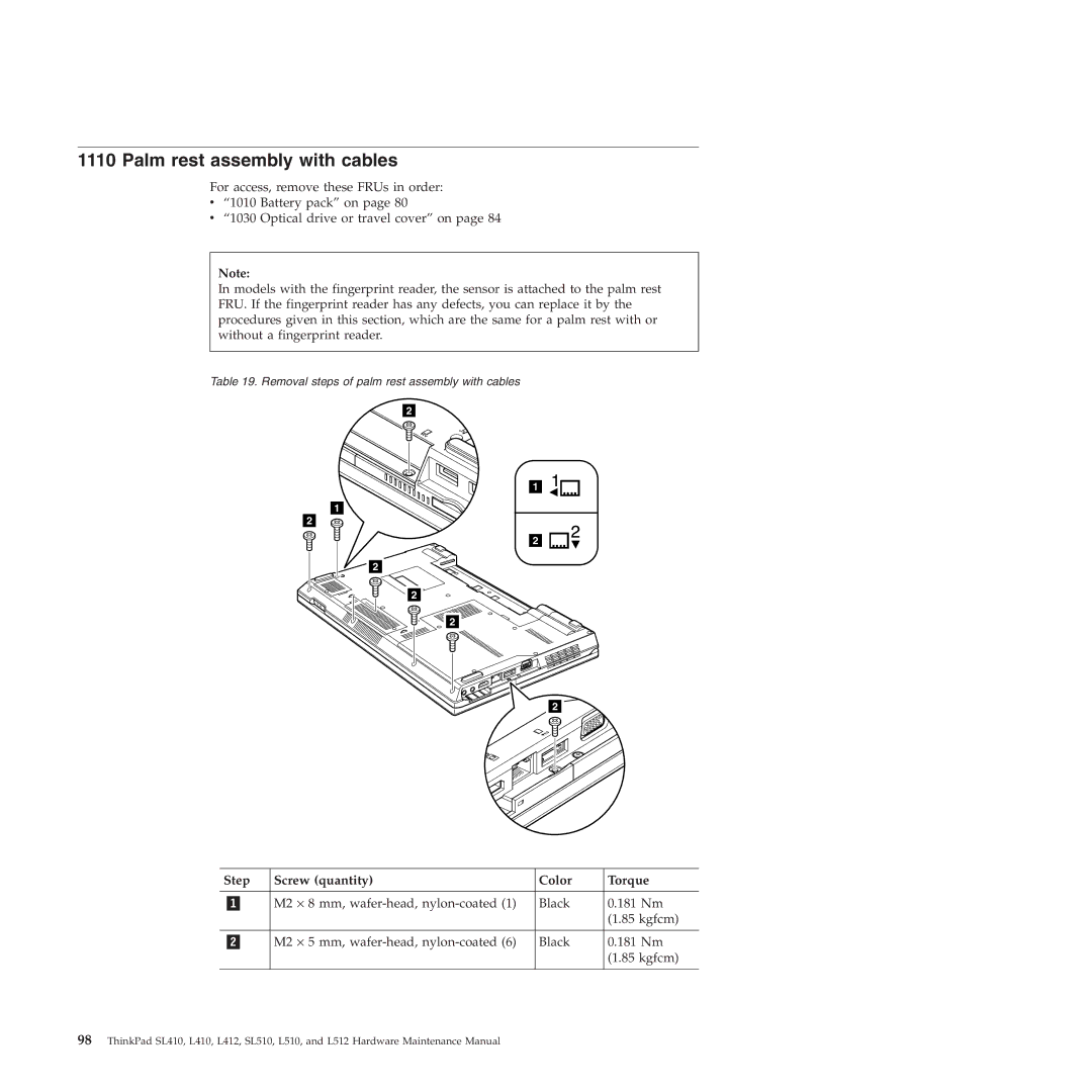 Lenovo L512, L412 manual Palm rest assembly with cables 