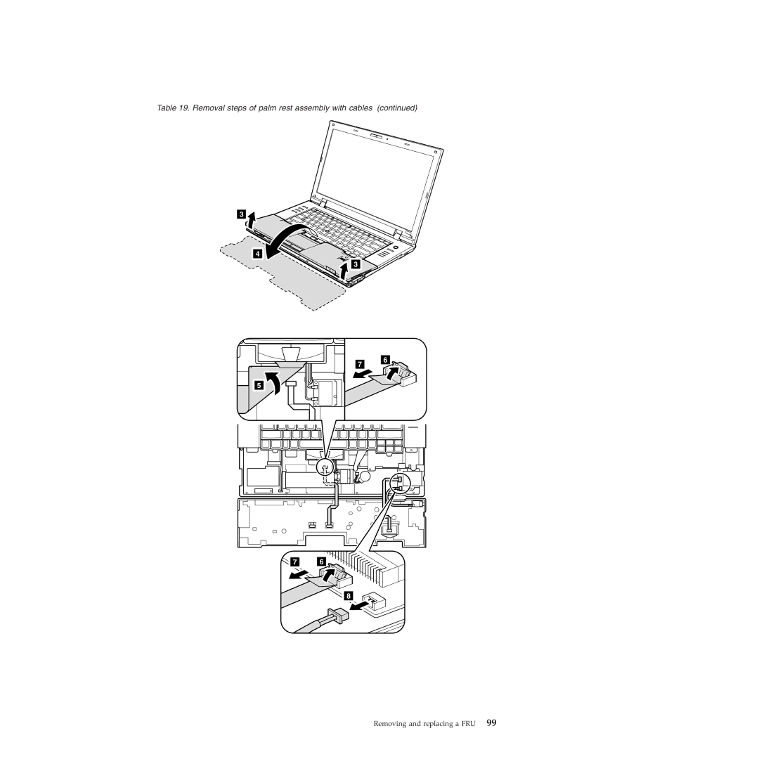 Lenovo L412, L512 manual Removal steps of palm rest assembly with cables 