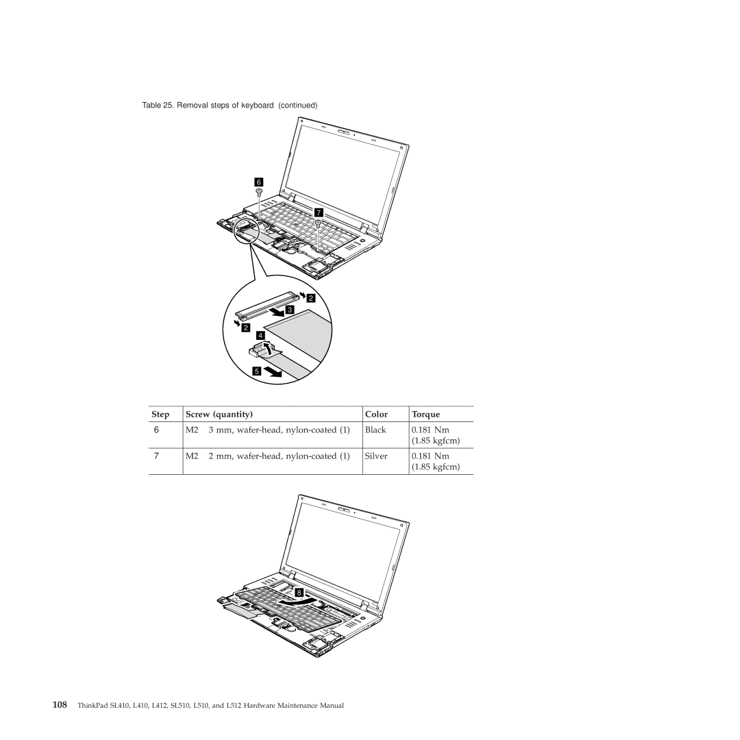 Lenovo L512, L412 manual Step Screw quantity Color Torque 