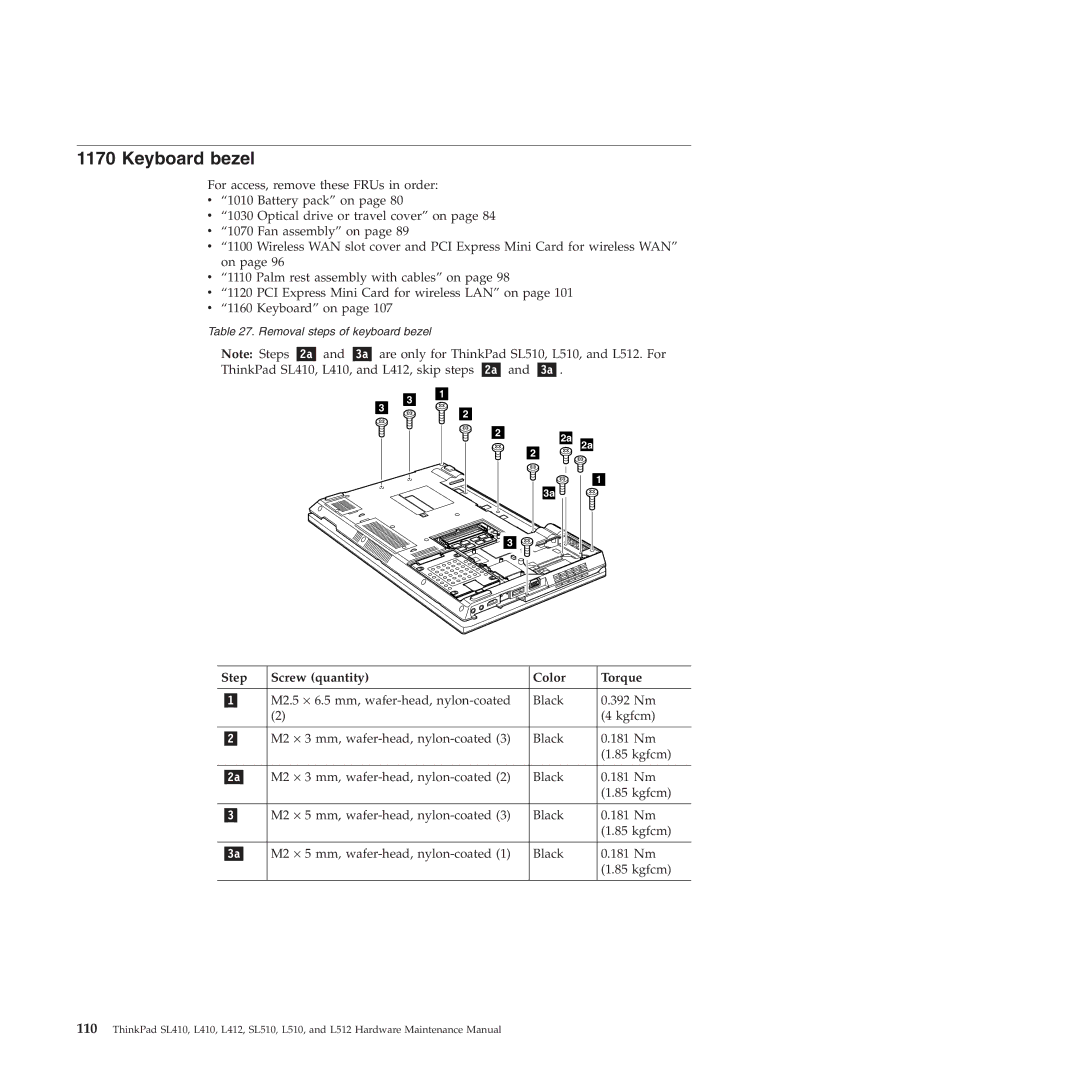 Lenovo L512, L412 manual Keyboard bezel 