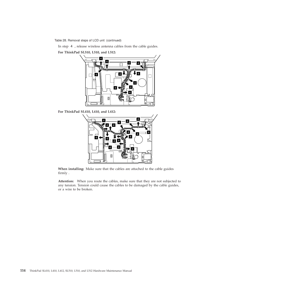 Lenovo L512, L412 manual Step Release wireless antenna cables from the cable guides 