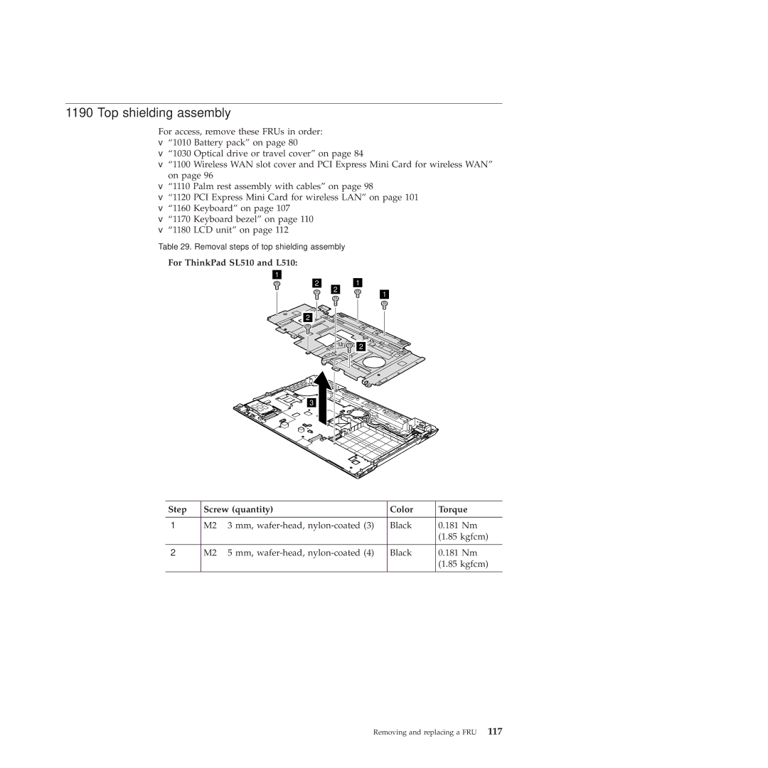 Lenovo L412, L512 manual Top shielding assembly, For ThinkPad SL510 and L510 Step Screw quantity Color Torque 