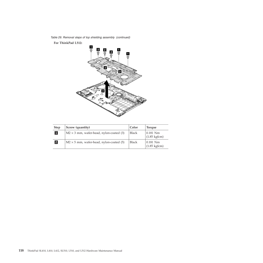 Lenovo L412 manual For ThinkPad L512 Step Screw quantity Color Torque 