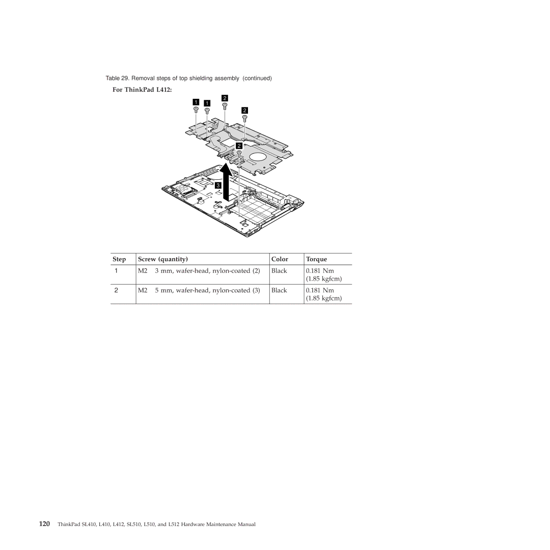 Lenovo L512 manual For ThinkPad L412 Step Screw quantity Color Torque 