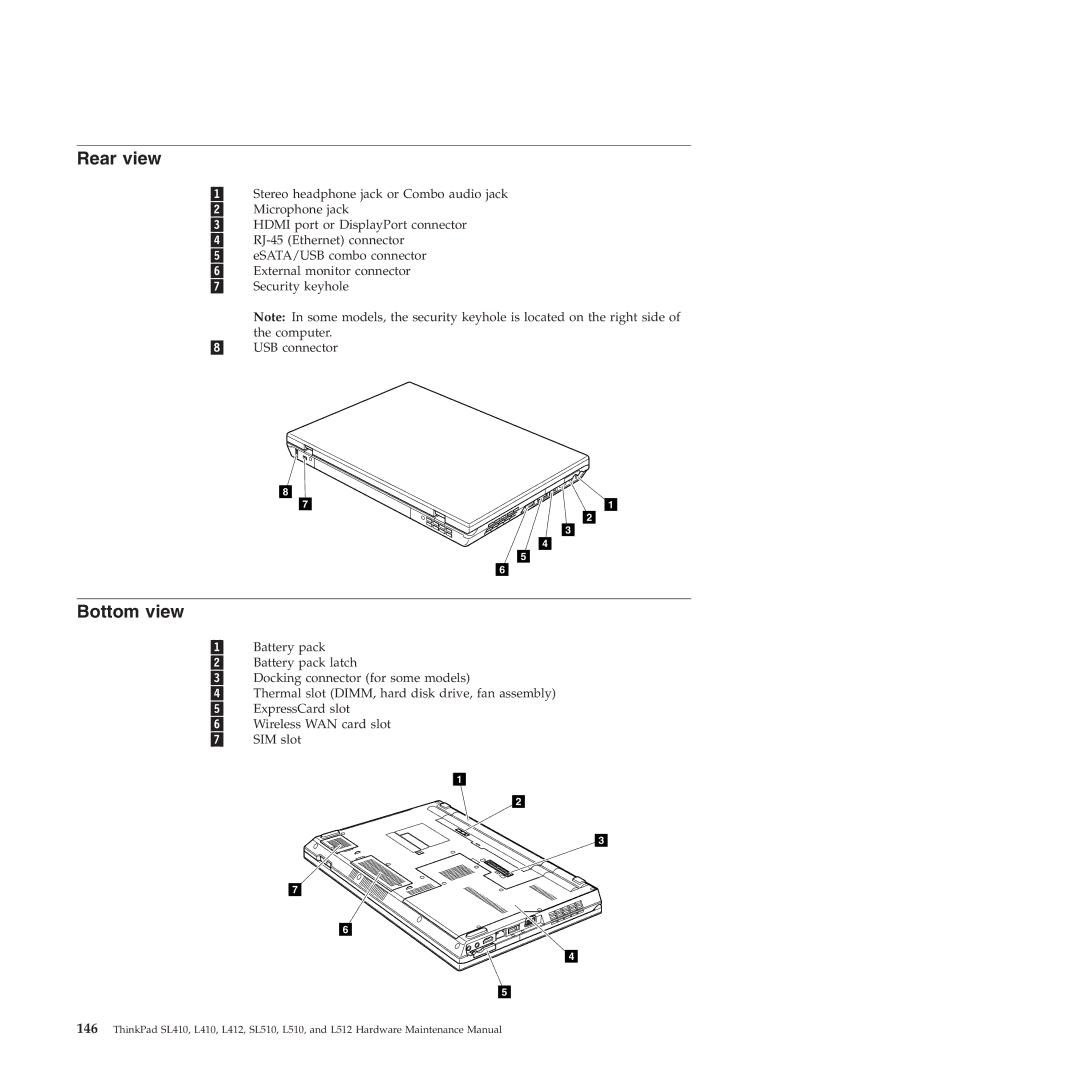 Lenovo L512, L412 manual Rear view, Bottom view 