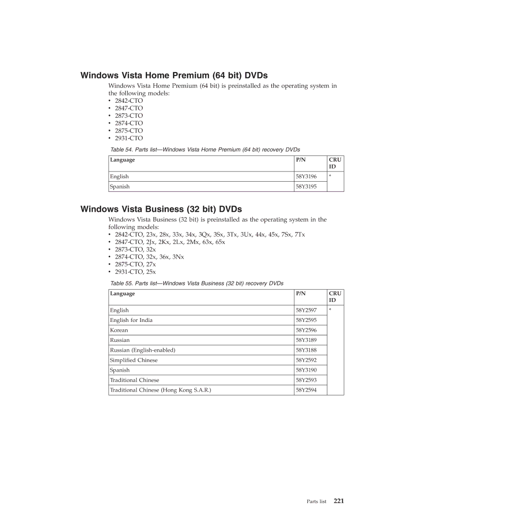 Lenovo L412, L512 manual Windows Vista Home Premium 64 bit DVDs, Windows Vista Business 32 bit DVDs 