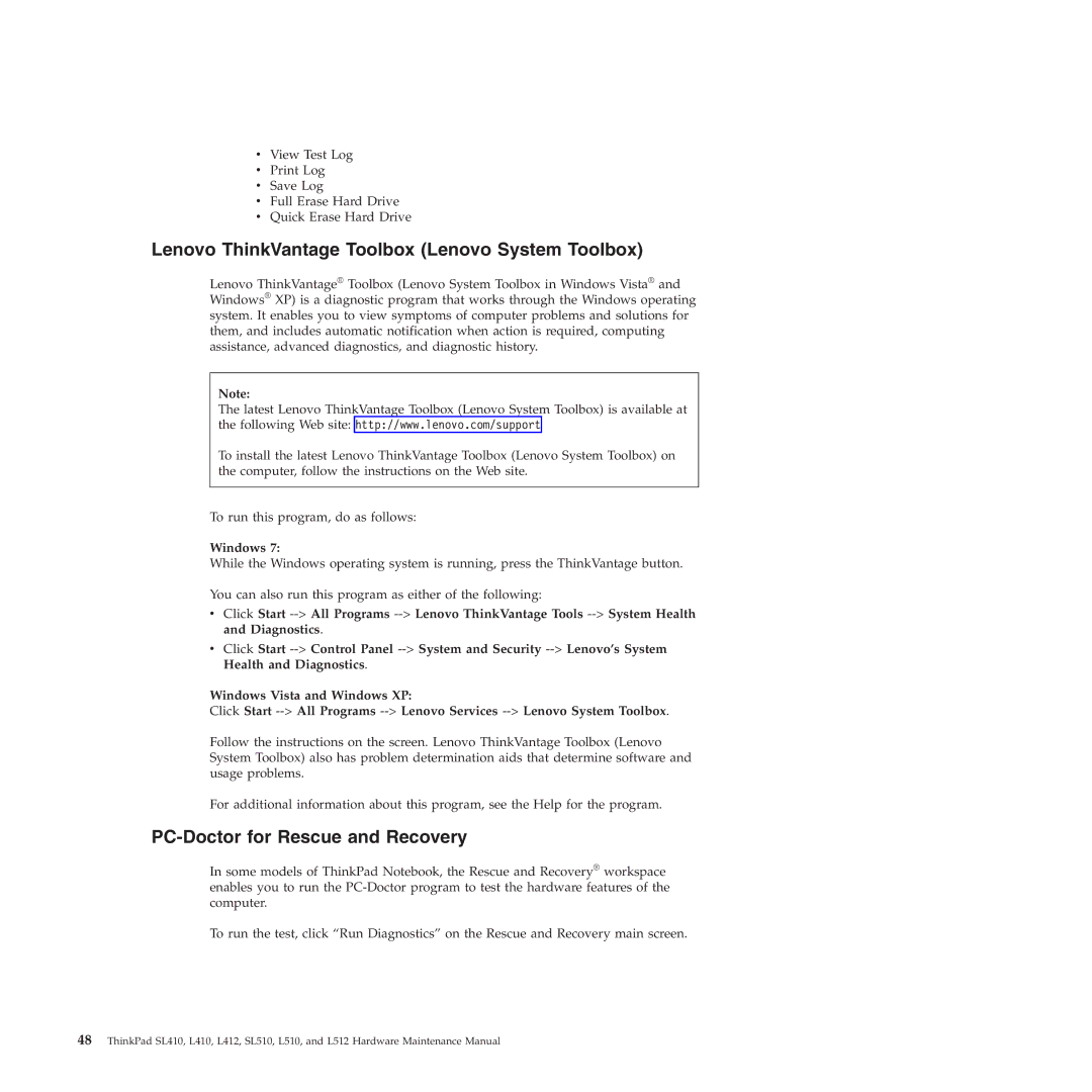 Lenovo L512, L412 manual Lenovo ThinkVantage Toolbox Lenovo System Toolbox, PC-Doctor for Rescue and Recovery, Windows 