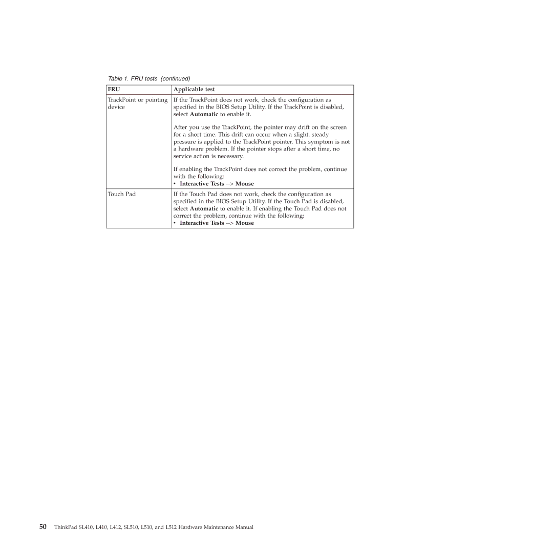 Lenovo L512, L412 manual Interactive Tests --Mouse 