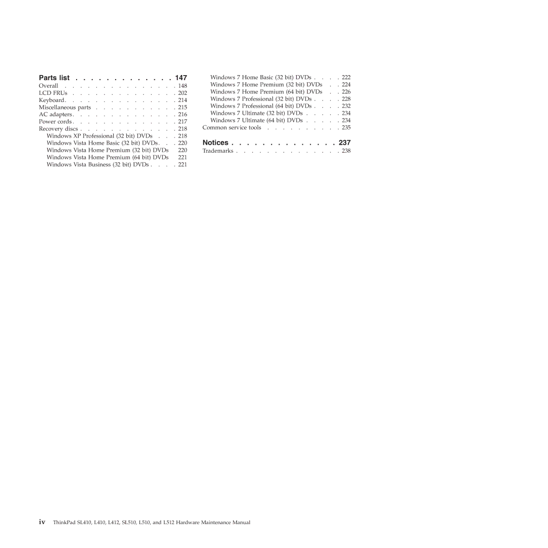 Lenovo L512, L412 manual Parts list 147 