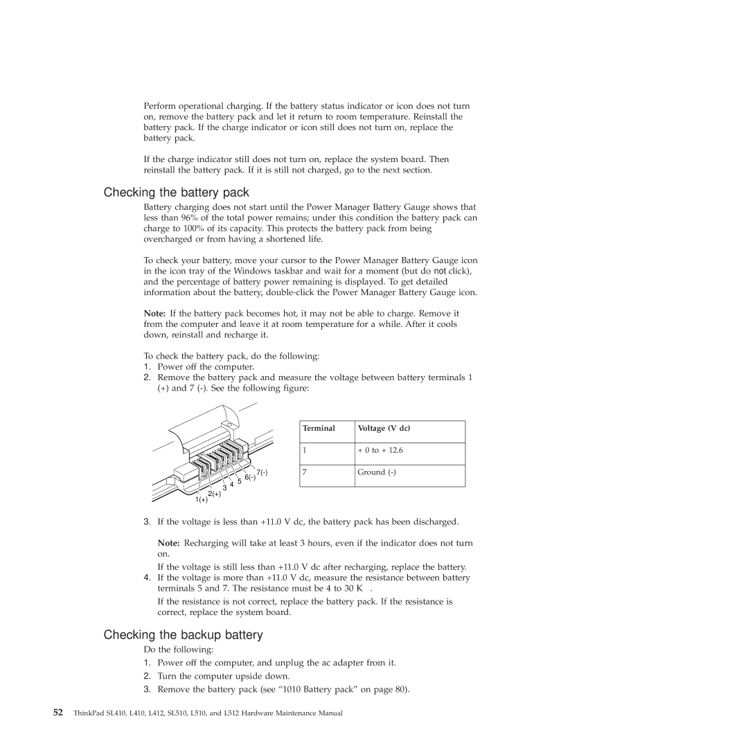 Lenovo L512, L412 manual Checking the battery pack, Checking the backup battery, Terminal Voltage V dc 