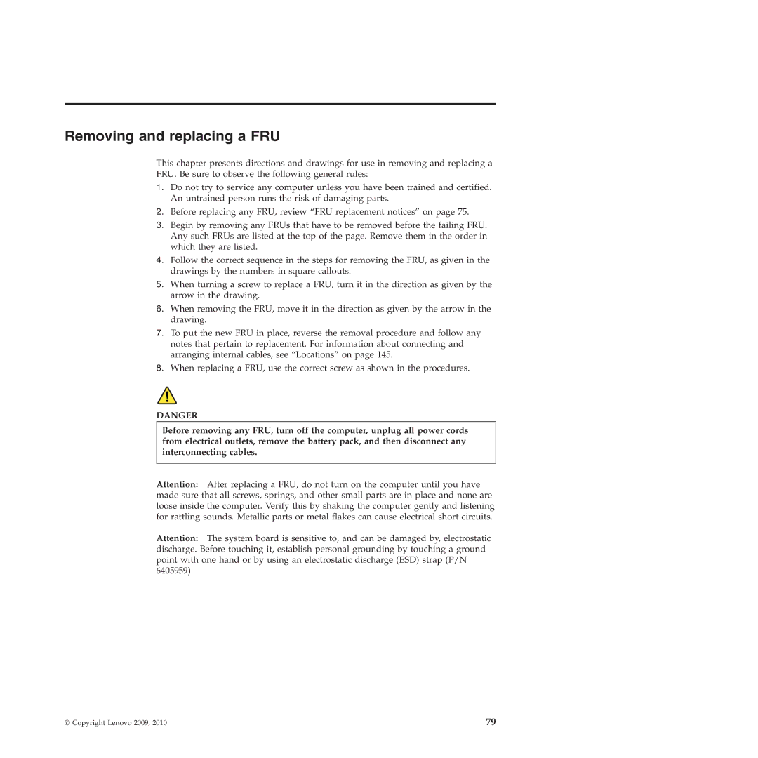 Lenovo L412, L512 manual Removing and replacing a FRU 