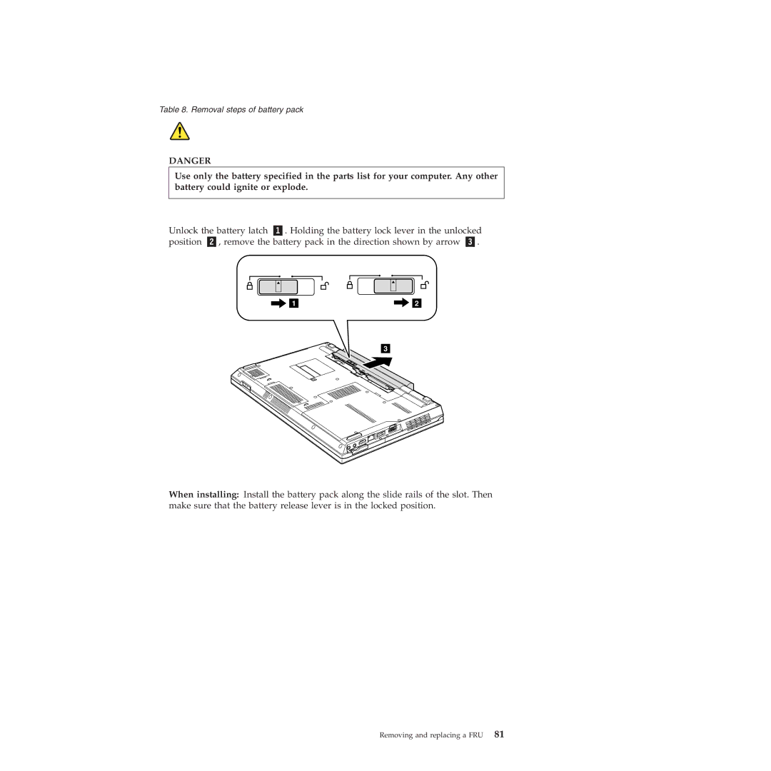 Lenovo L412, L512 manual Removal steps of battery pack 