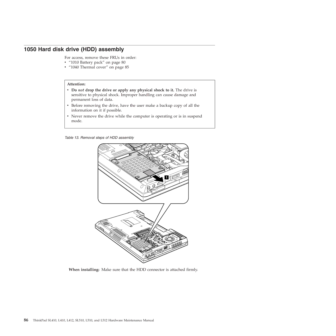 Lenovo L512, L412 manual Hard disk drive HDD assembly 