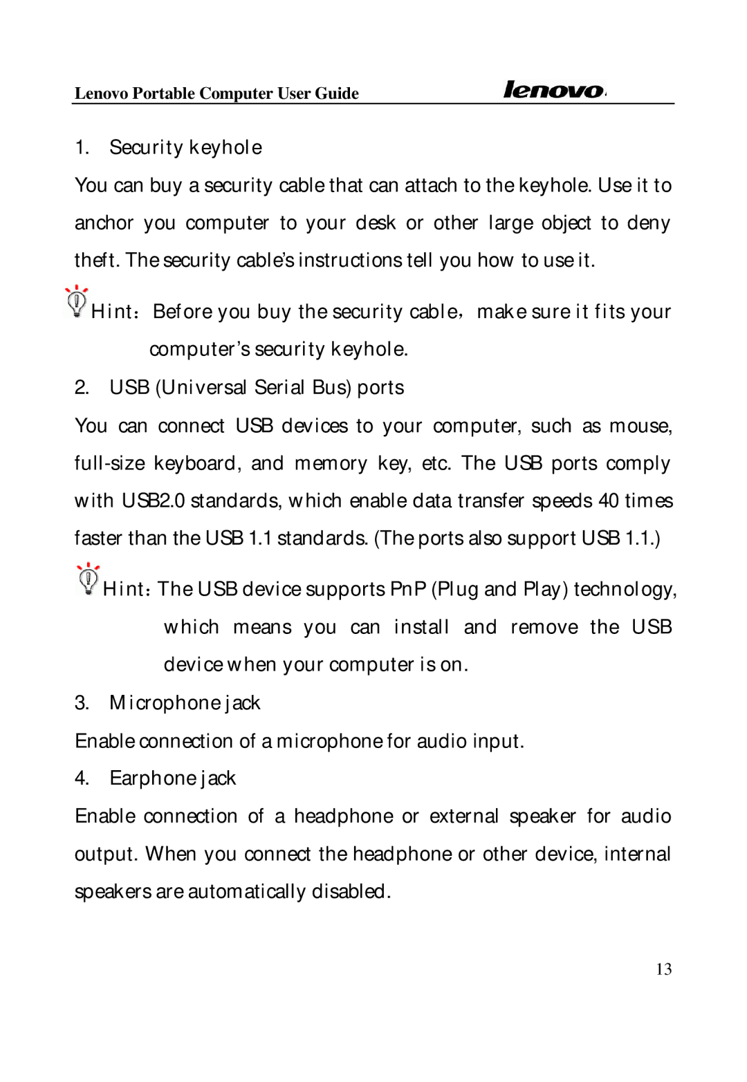 Lenovo Laptop manual Security keyhole, Earphone jack 