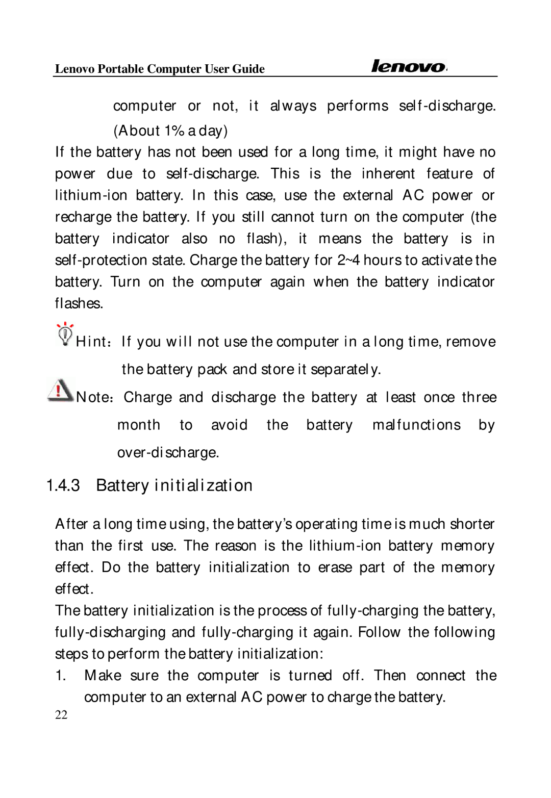 Lenovo Laptop manual Battery initialization 