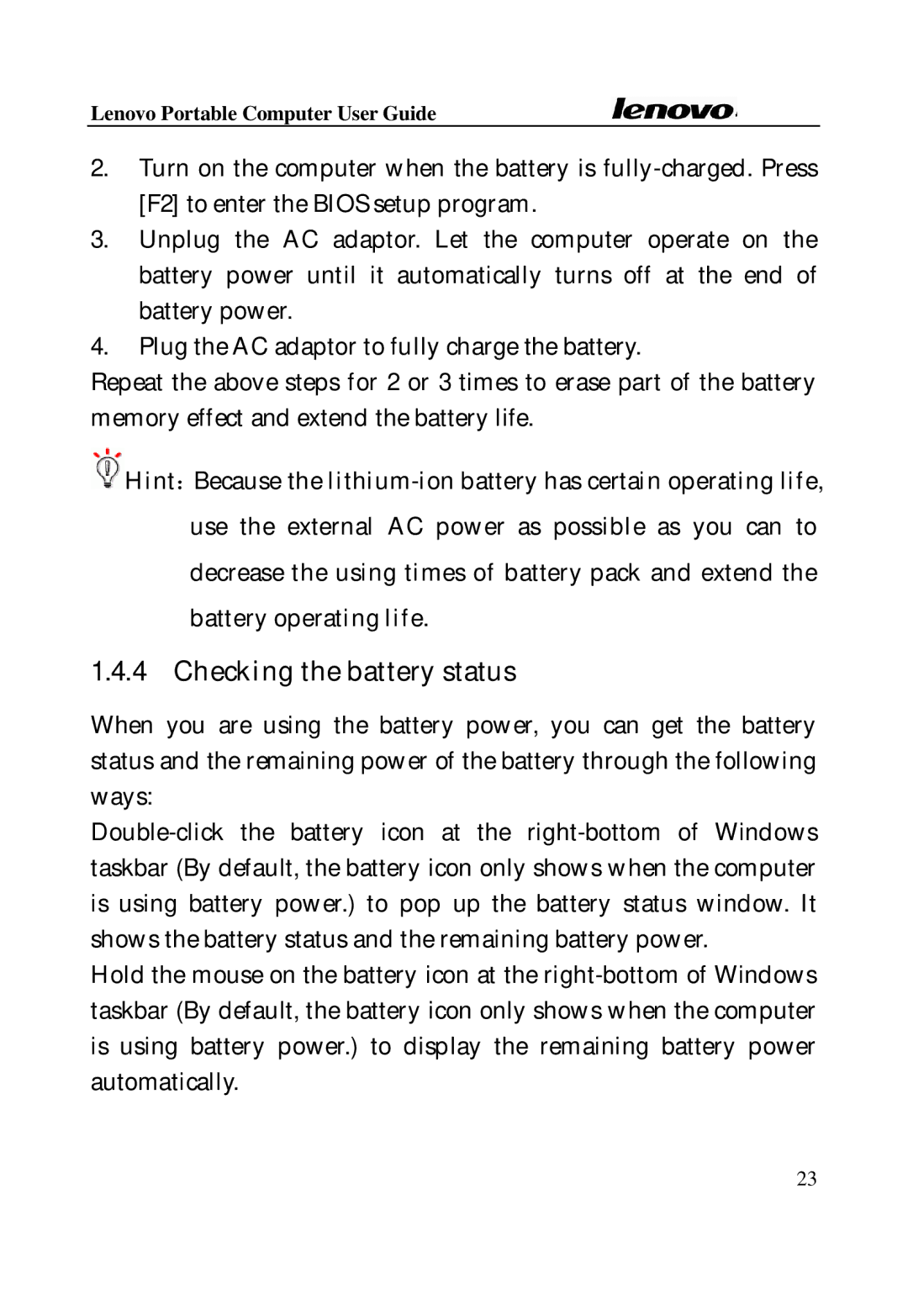 Lenovo Laptop manual Checking the battery status 