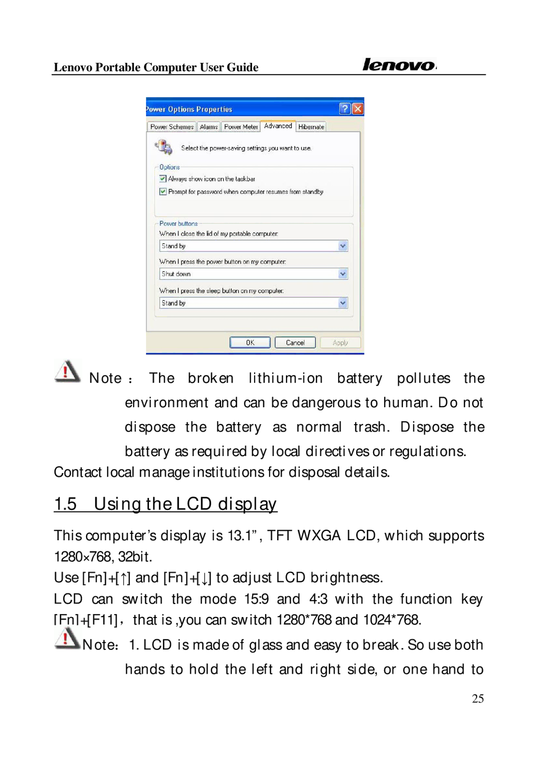 Lenovo Laptop manual Using the LCD display, Use Fn+↑ and Fn+↓ to adjust LCD brightness 