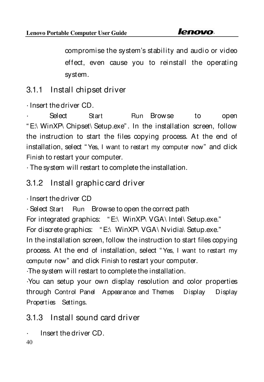 Lenovo Laptop manual Install chipset driver, Install graphic card driver, Install sound card driver 