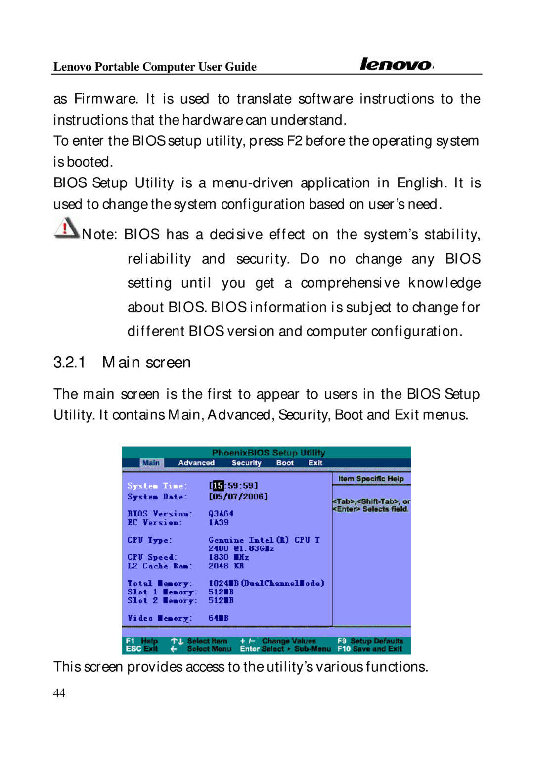 Lenovo Laptop manual Main screen 