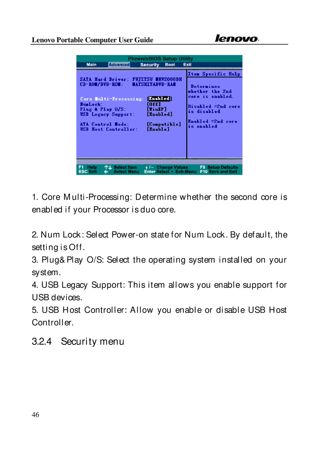 Lenovo Laptop manual Security menu 