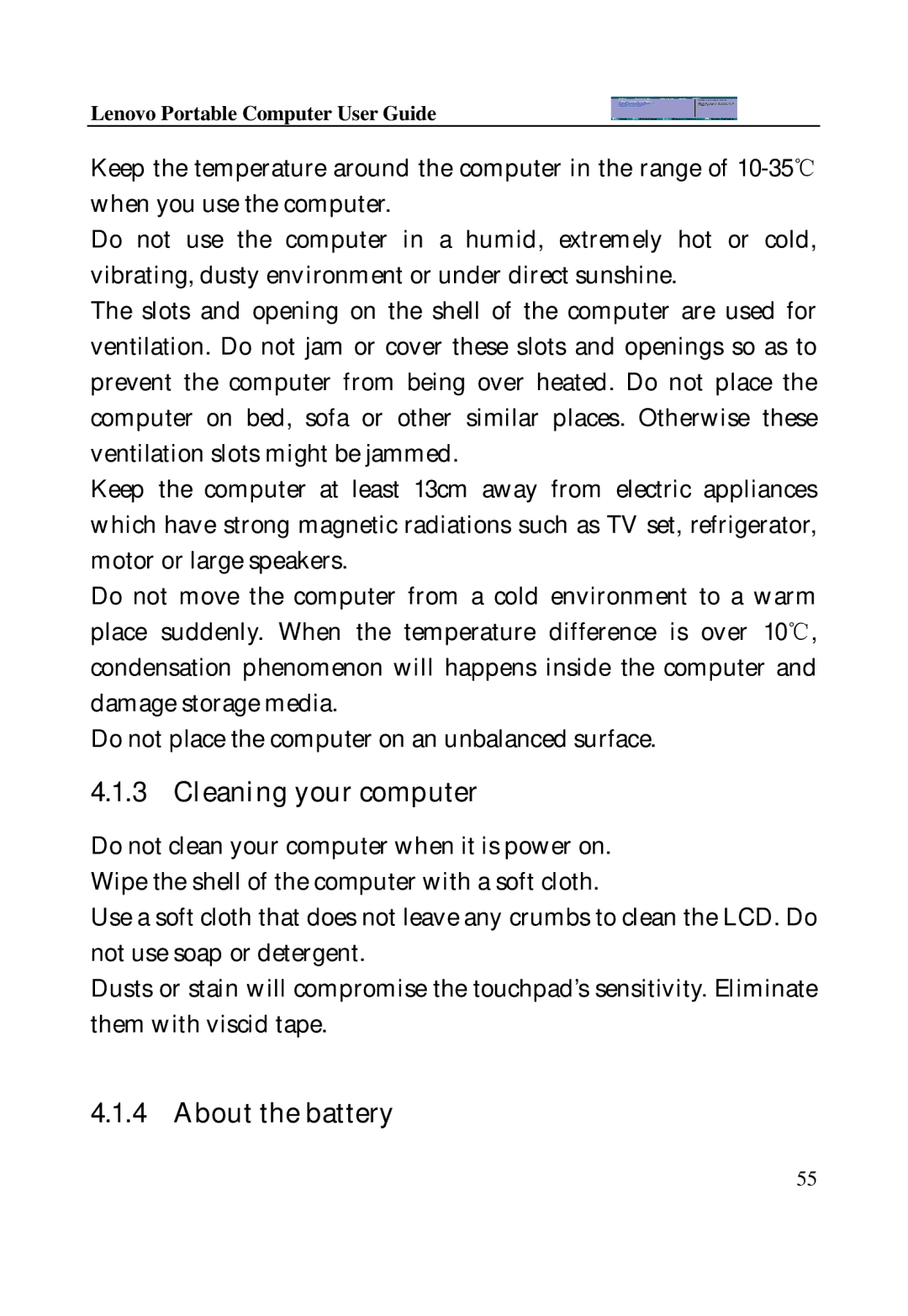 Lenovo Laptop manual Cleaning your computer, About the battery 