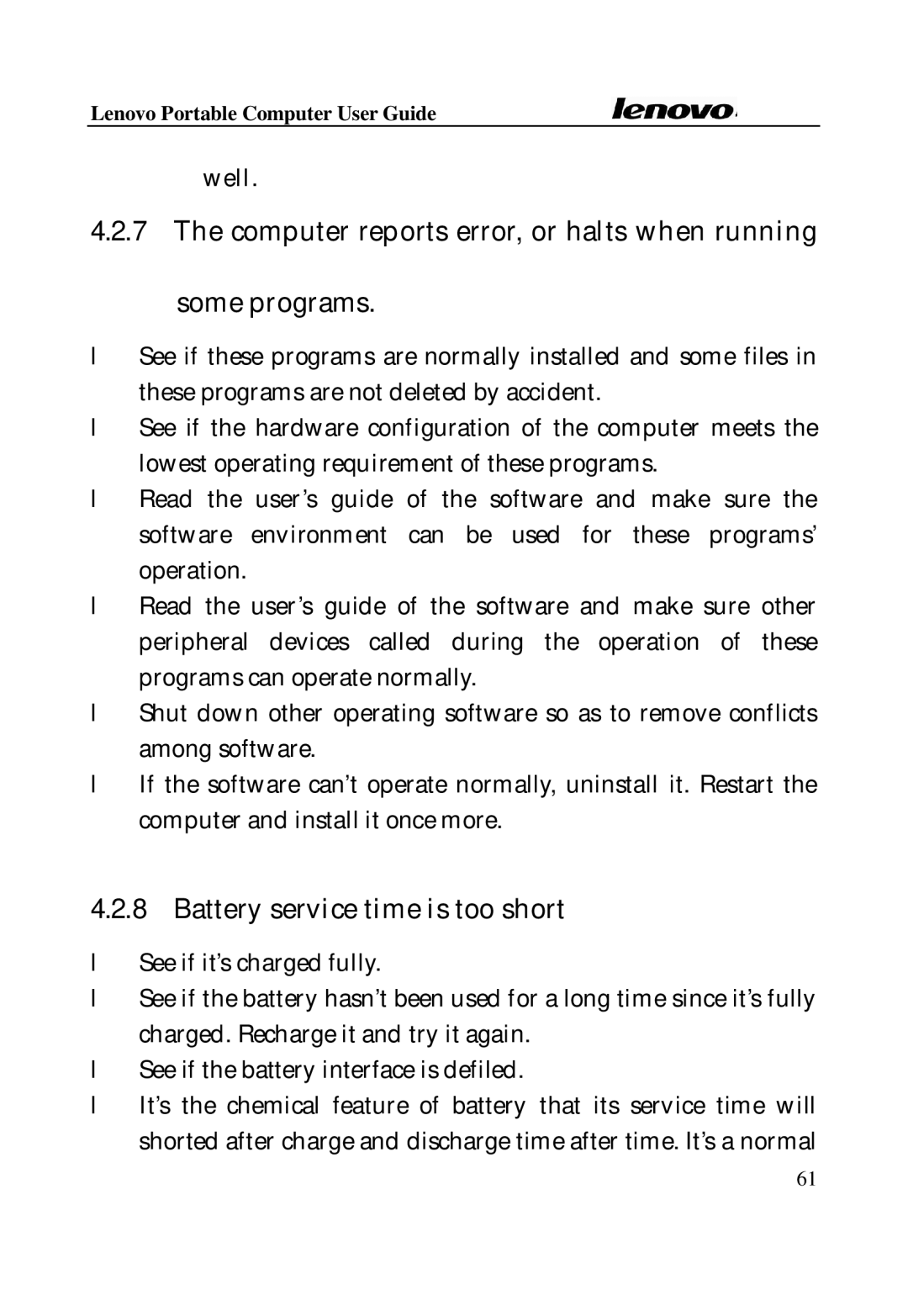 Lenovo Laptop manual Computer reports error, or halts when running Some programs, Battery service time is too short, Well 