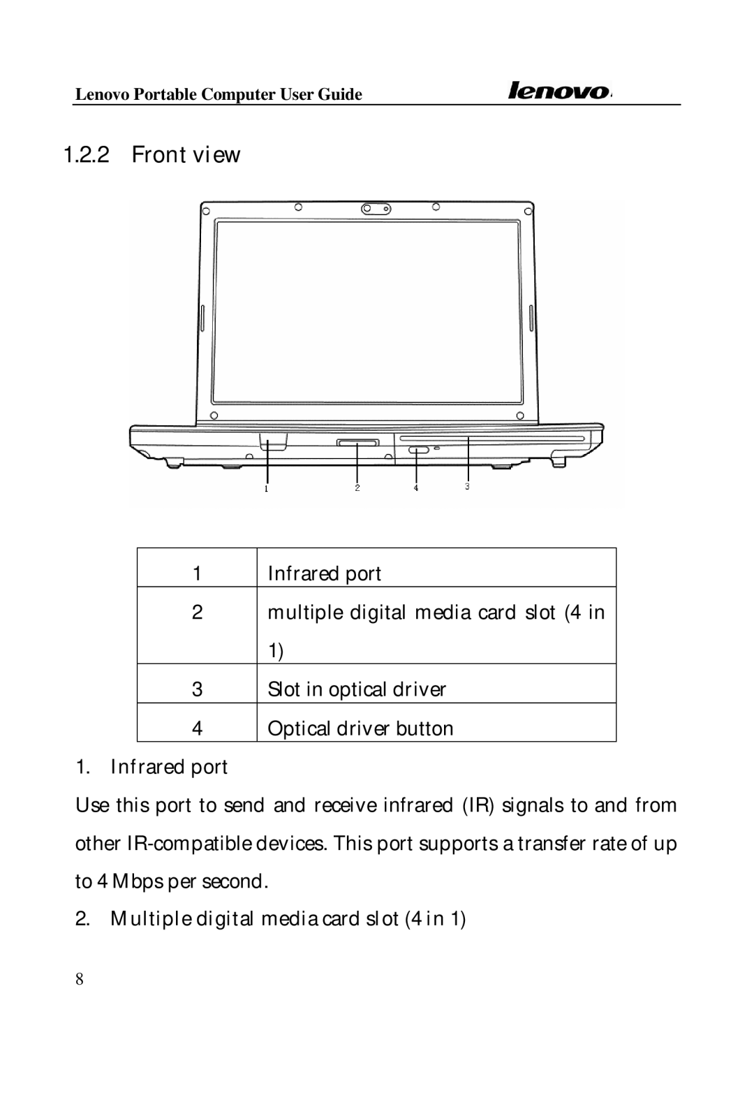 Lenovo Laptop manual Front view, Infrared port, Multiple digital media card slot 4 