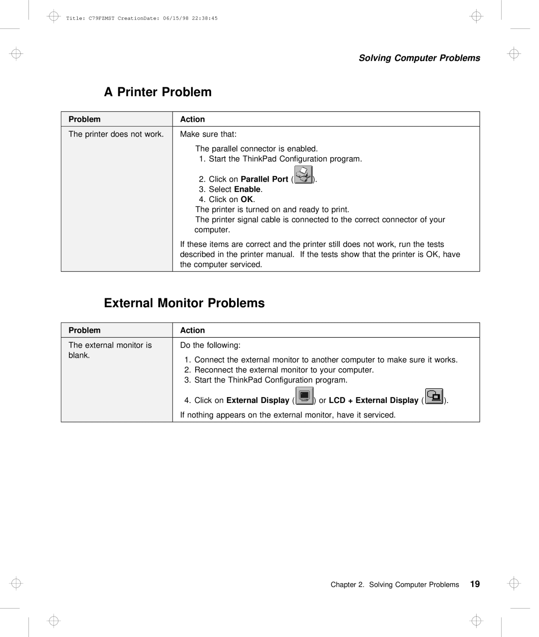 Lenovo LEU manual Printer Problem, External Monitor Problems, Port, Click onExternal Display OrLCD + External Display 