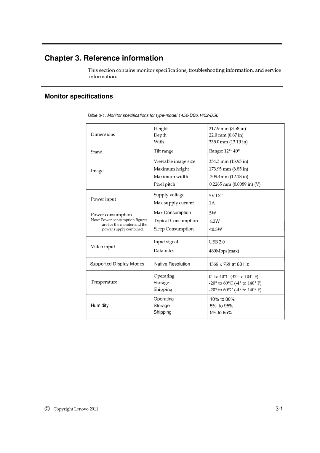 Lenovo LT1421, 1452DS6 manual Reference information, Monitor specifications 