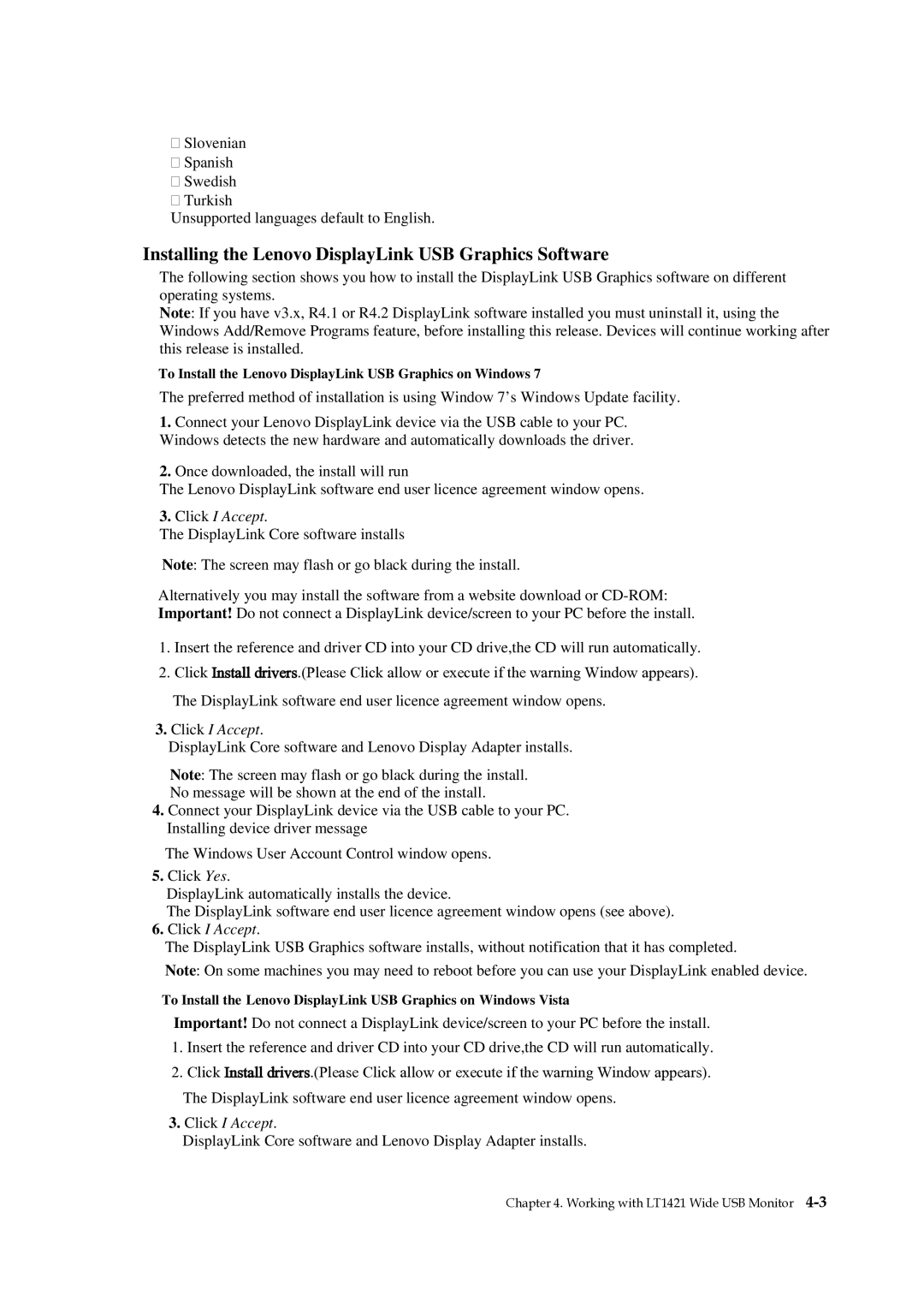 Lenovo 1452DS6, LT1421 manual Installing the Lenovo DisplayLink USB Graphics Software 