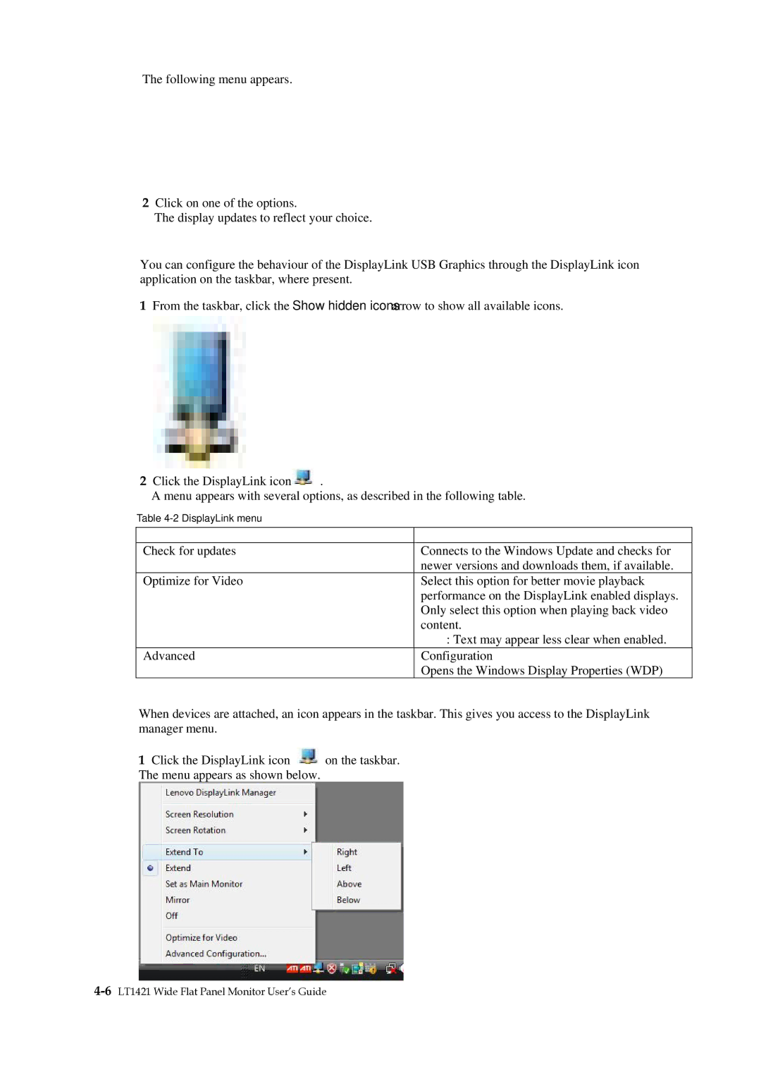 Lenovo LT1421, 1452DS6 manual Windows Vista and Windows XP Controlling the Display, DisplayLink Icon Application 