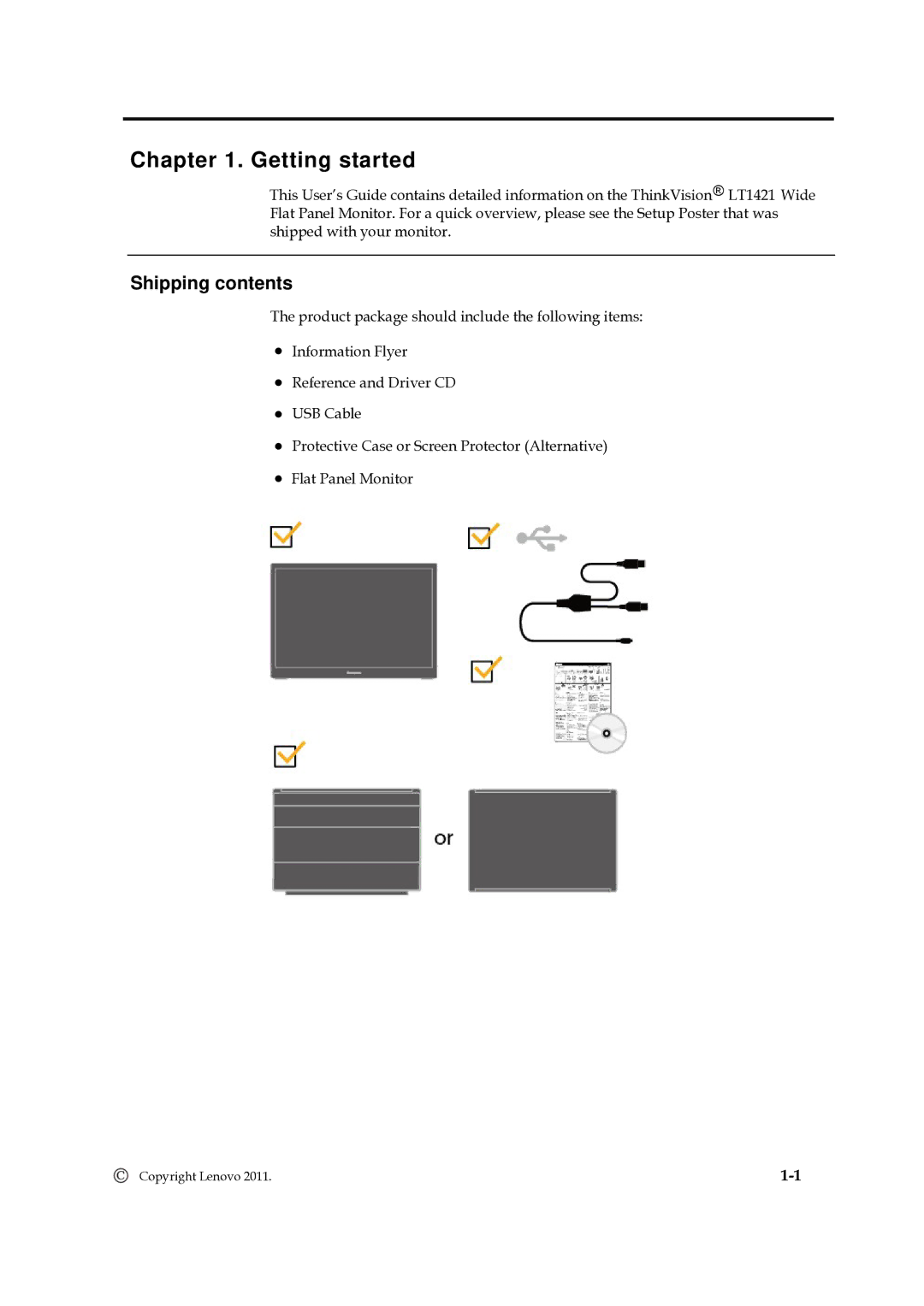 Lenovo 1452DS6, LT1421 manual Getting started, Shipping contents 