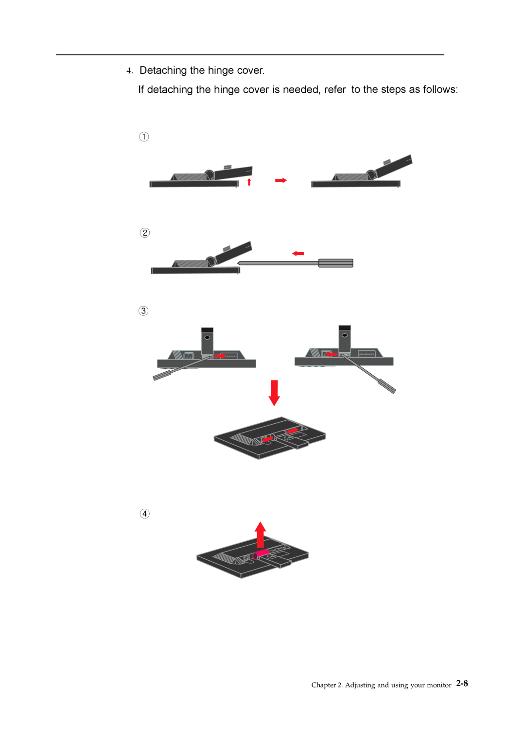Lenovo LT1952p manual Detaching the hinge cover, ① ② ③ ④, Adjusting and using your monitor 
