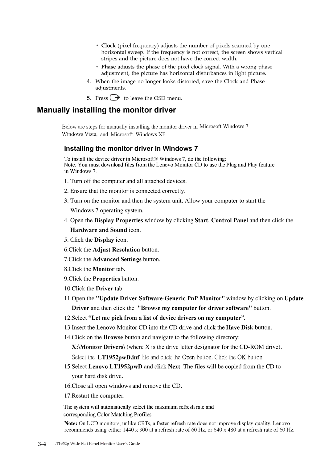 Lenovo LT1952p manual Manually installing the monitor driver, Installing the monitor driver in Windows 