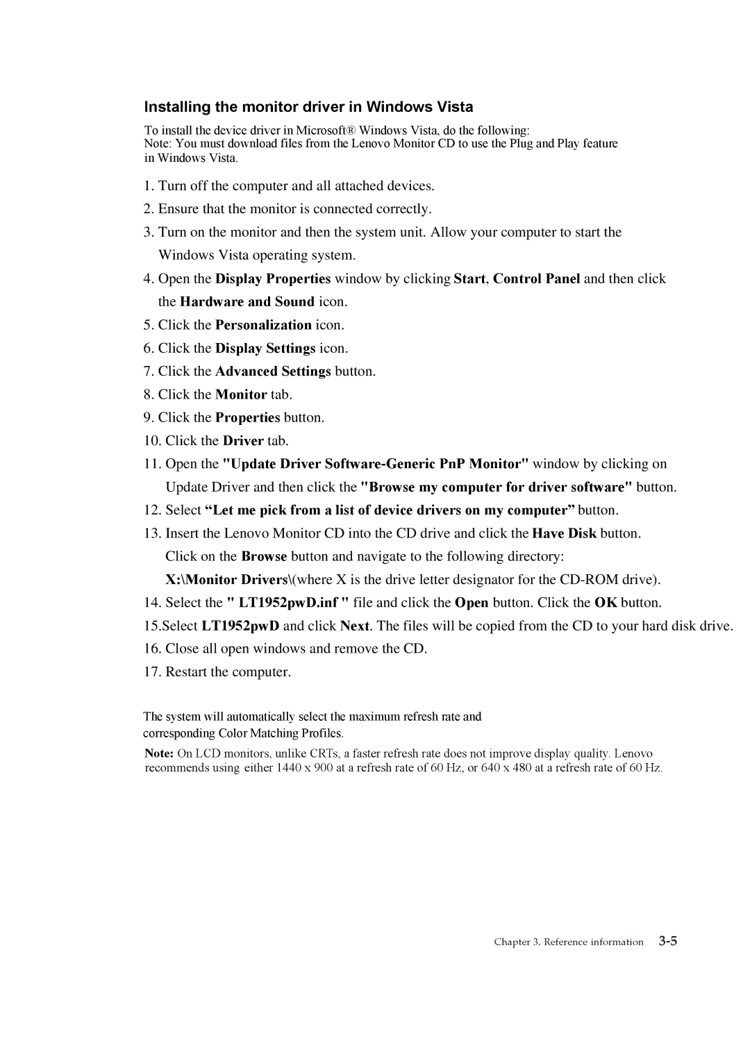 Lenovo LT1952p manual Installing the monitor driver in Windows Vista 